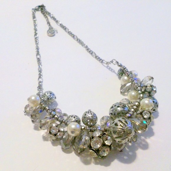 Faux Pearl Rhinestone Bead Cluster Necklace - Picture 1 of 6
